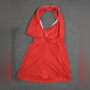 Lucy in the Sky Large red halter mini dress front slit open back polyester